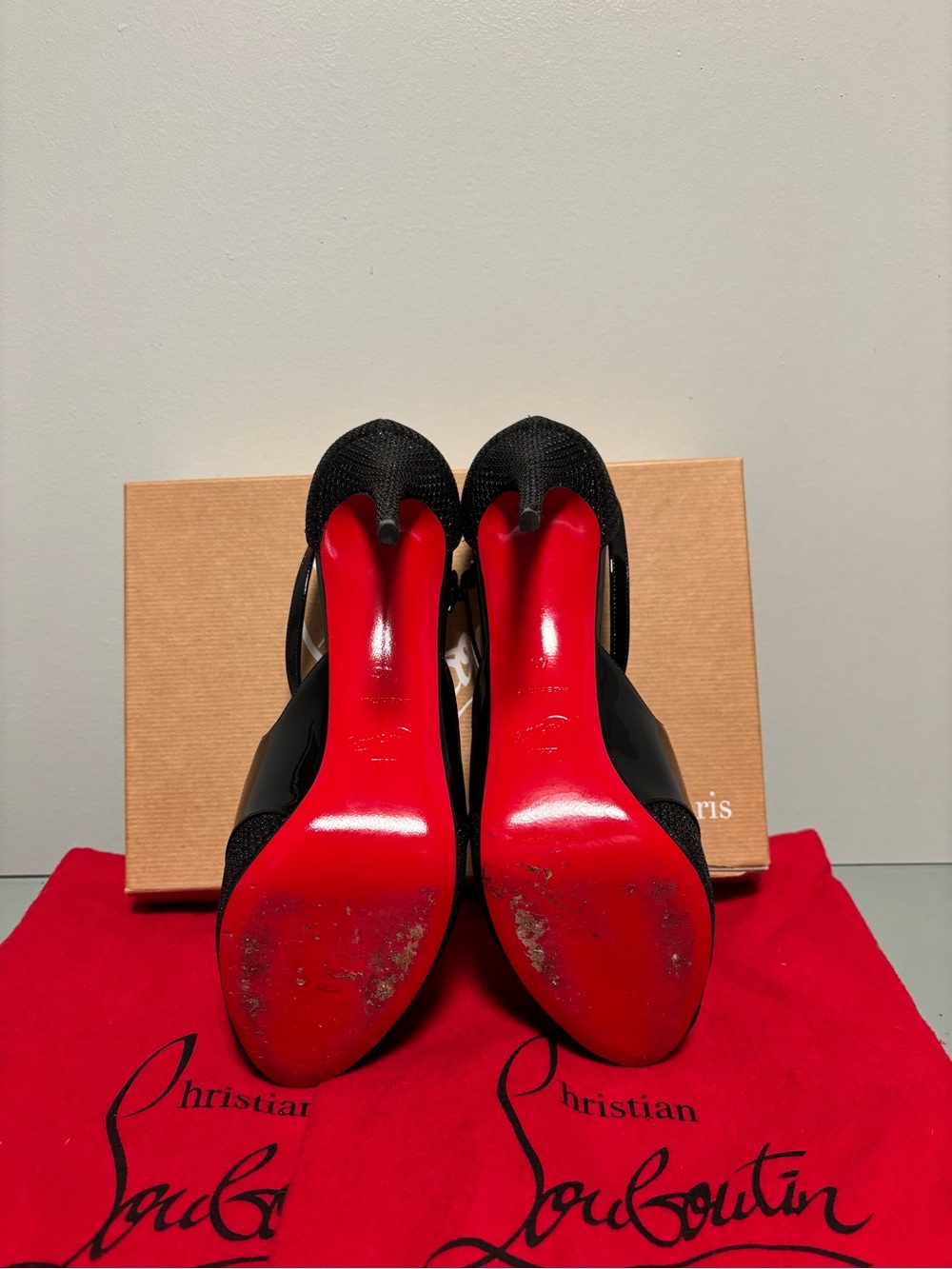 Christian Louboutin Black Glitter Peep-Toe Ankle-Strap Heels with Patent Trim - Picture 5 of 5